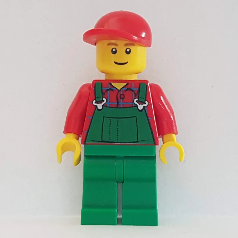 Man, Green Overalls over Red Shirt, Red Cap, Brown Eyebrows, Reddish Brown Eyebrows