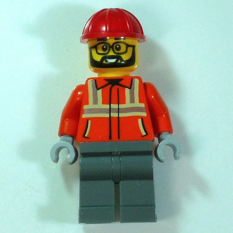 Construction Worker, Orange Safety Jacket, Dark Bluish Grey Legs, Red Hard Hat