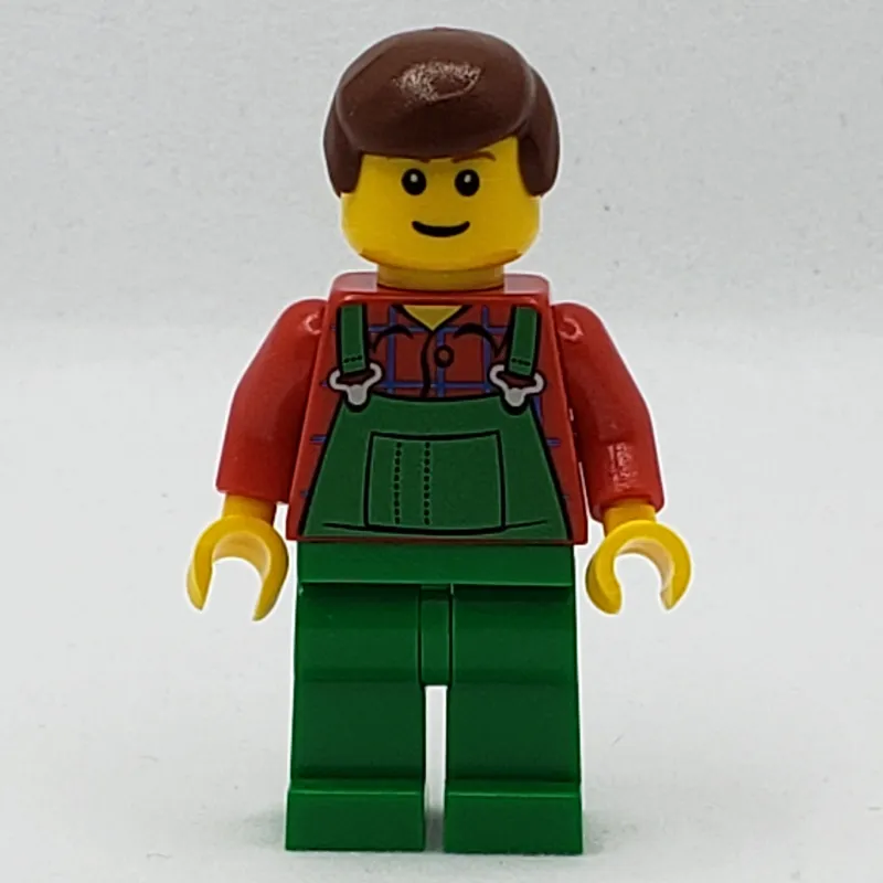 Man, Green Overalls over Red Shirt, Reddish Brown Hair, Reddish Brown Eyebrows