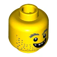 Minifig Head Prospector, Beard Stubble, Gray Bushy Eyebrows, Open Grin, Gold Tooth Print