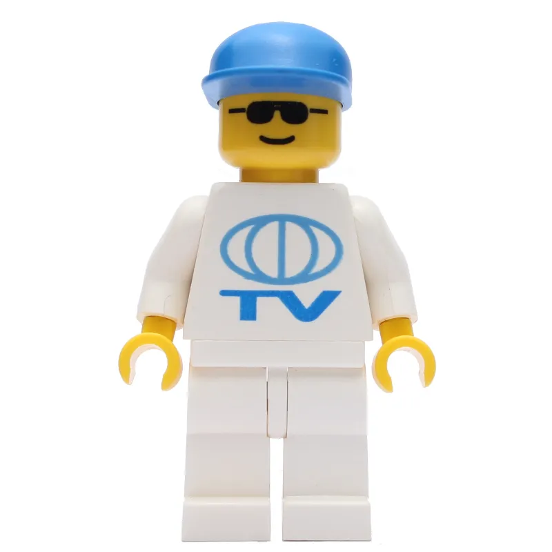 Man, White Shirt with TV Logo, Blue Cap, Sunglasses
