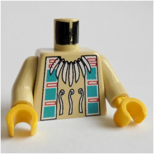 Torso Buckskin Tunic with American Indian Decorations, Necklace and Dark Turquoise Squares Print, Tan Arms, Yellow Hands