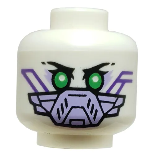 Minifig Head PIXAL, Green Eyes, Black Eyebrows, Dark Purple Circuitry, Smile / Lavender Breathing Mask