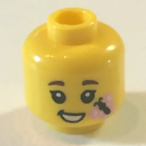 Minifig Head, Brown Eyebrows, Closed Mouth Smile / Open Mouth Smile with Pink Butterfly Print