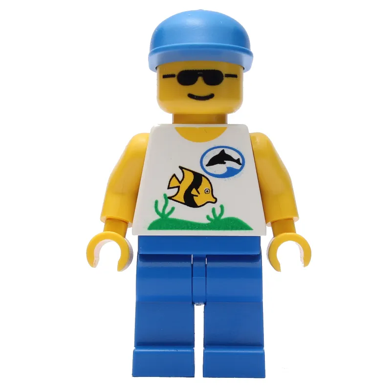 Marine Explorer, White Shirt with Fish, Blue Cap, Sunglasses