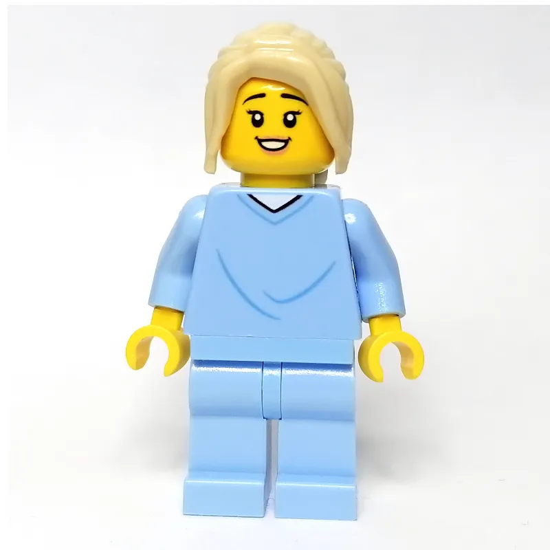 Woman, Bright Light Blue Hospital Gown, Tan Hair