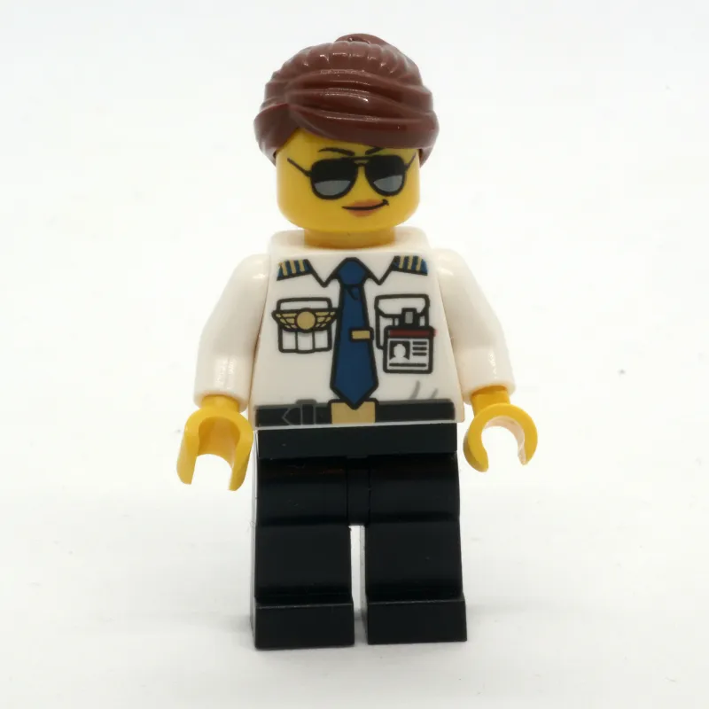 Pilot, Woman, White Shirt with Tie and Wings Badge, Black Legs, Reddish Brown Hair, Sunglasses