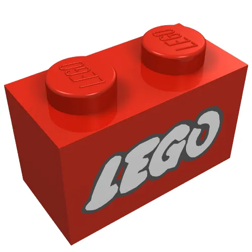 Brick 1 x 2 with LEGO Logo Open O White with Black Outline Print