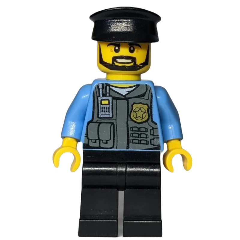 Policeman, Vest with Gold Badge, Radio, and Pockets. Black Hat, Beard