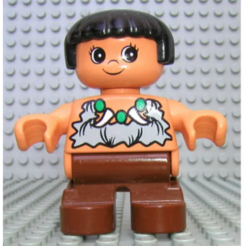Duplo Figure, Early Child, Straight Hair Black, Brown Legs, Rag Shirt, Bead and Tooth Necklace Print (Caveman)
