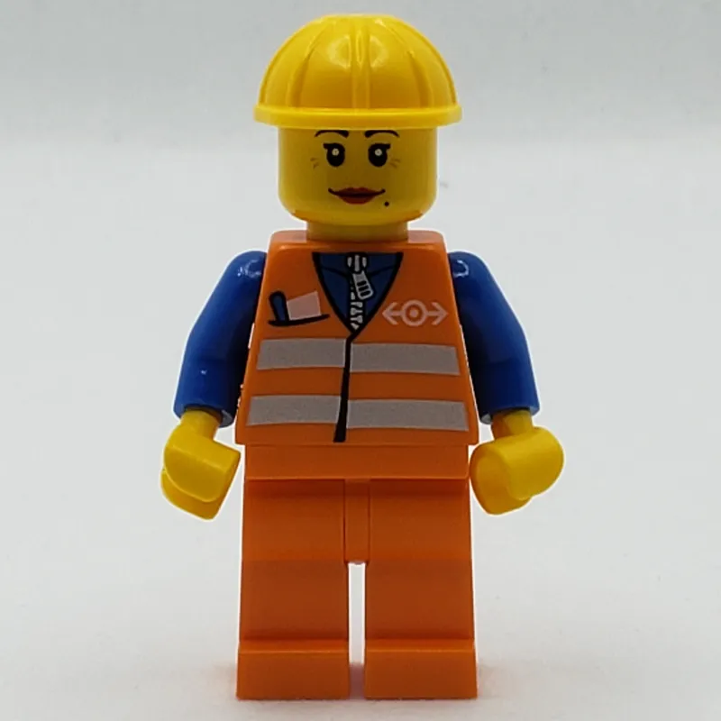 Train Worker, Woman, Orange Safety Vest with Train Logo, Orange Legs, Yellow Hard Hat