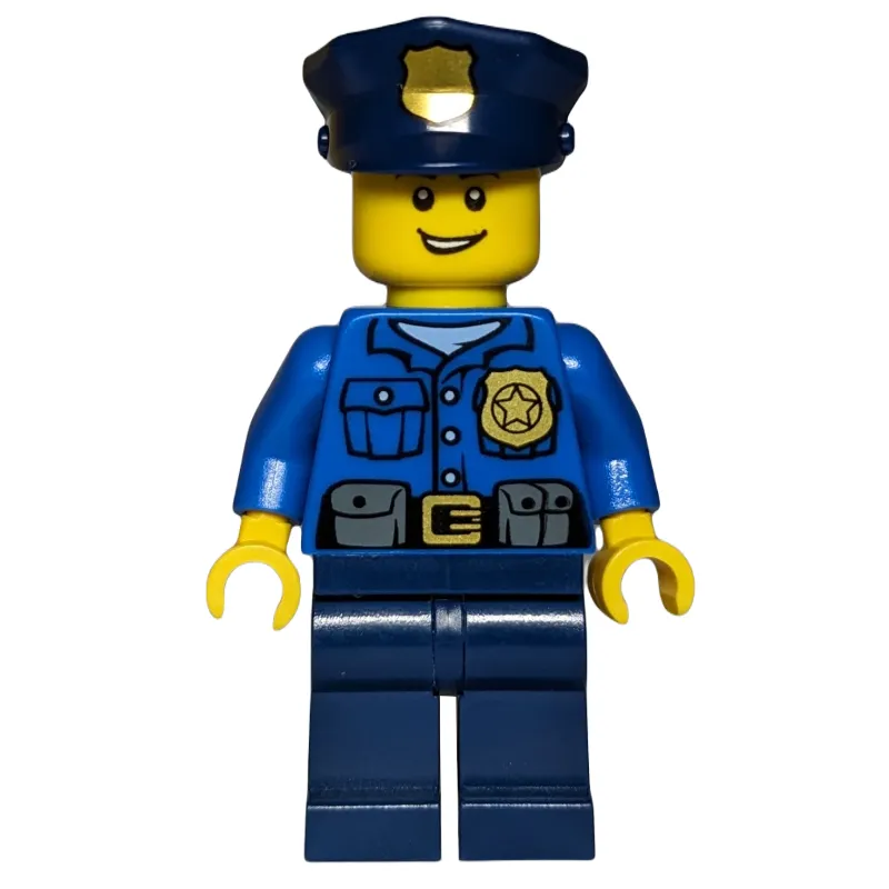 Policeman, Blue Shirt with Badge and Pouches, Dark Blue Legs, Dark Blue Police Hat with Badge, Open Mouth
