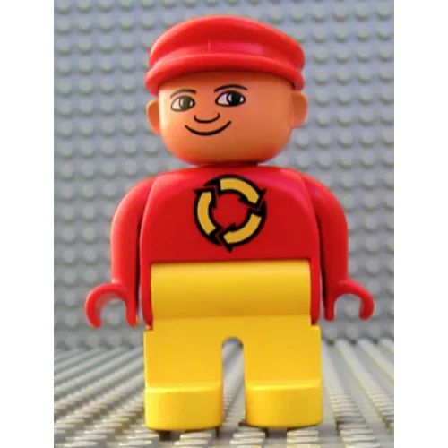 Duplo Figure, Early, with Flat Cap Red, Yellow Legs, Yellow Recycle Logo, Turned Down Nose Print