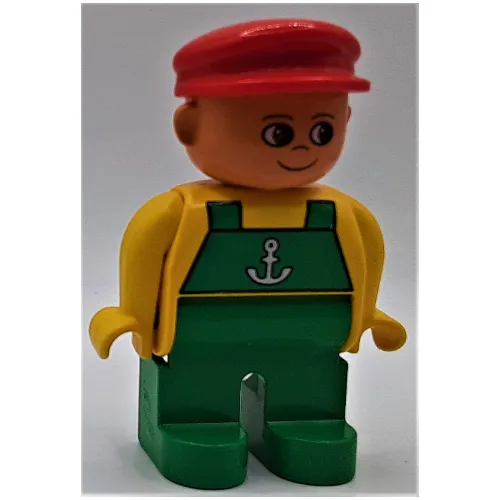 Duplo Figure, Early, with Flat Cap Red, Green Legs, Green Overalls with Anchor Print