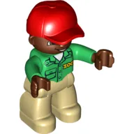 Duplo Figure with Cap Red, with Green Long Sleeve Shirt with 'ZOO' on Front and Back, Dark Brown Face and Hands, Tan Legs