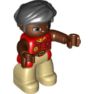 Duplo Figure with Thick Short Hair Combed over Forehead and Bun Black, Red Top - Reddish Brown Face, Arms, and Hands - Tan Legs