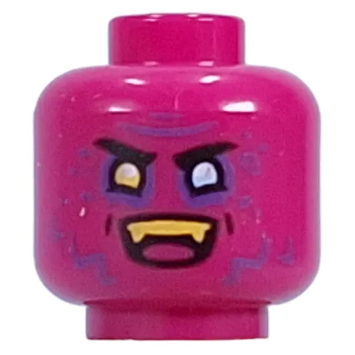 Minifig Head Dogan, Yellow Left, Bright Light Blue Eye, Dark Purple Lines, Yellow Teeth, Fangs, Angry Smile/Grin