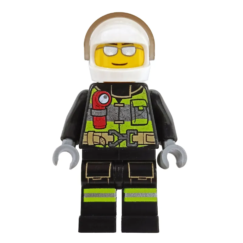 Fireman, Safety Vest with Flashlight, Pocket, and Belt, White Helmet with Visor, Silver Sunglasses