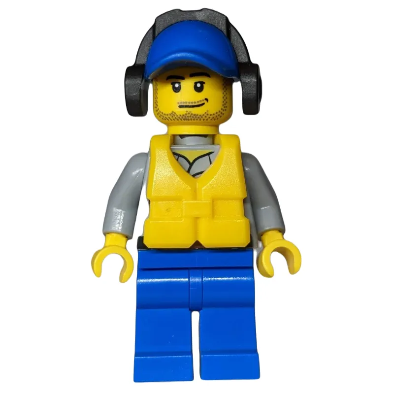 Coast Guard, Light Bluish Gray Shirt with Badge, Blue Cap, Ear Defenders, Yellow Life Vest, Stubble