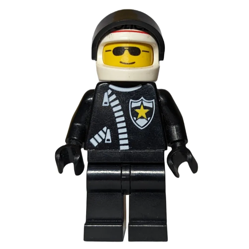 Policeman, Black Jacket with Zipper and Badge, White Helmet with 'POLICE' and Black Visor, Sunglasses