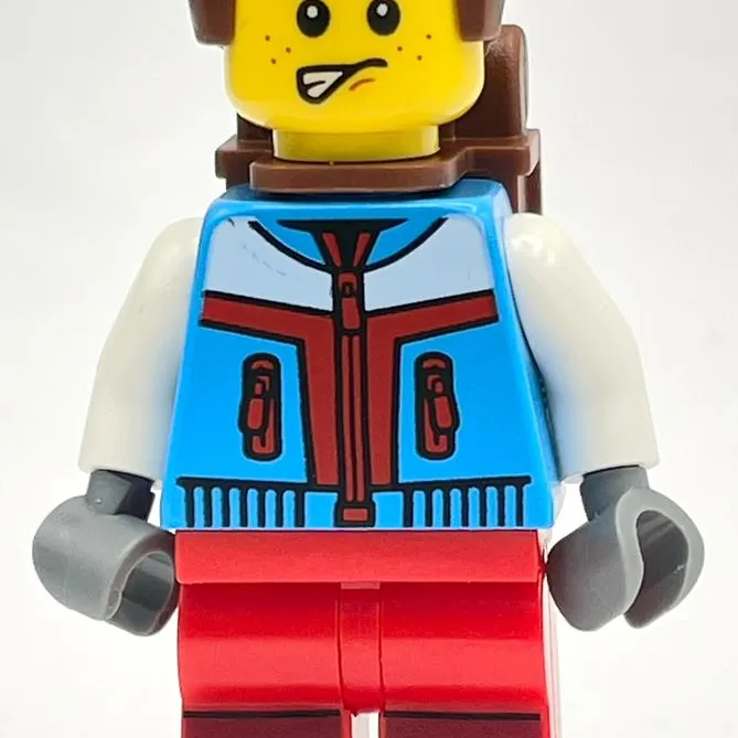 Skier, Azure and Red Suit, Reddish Brown Backpack and Hair