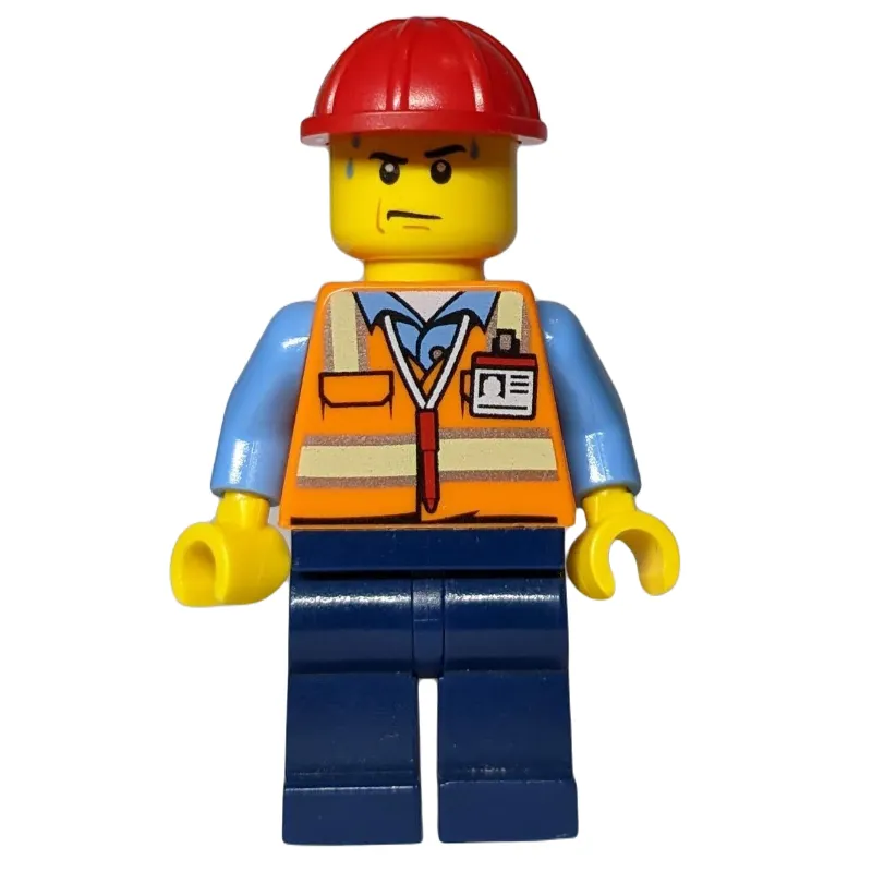 Man, Orange Safety Vest, Dark Blue Legs, Red Hard Hat, Sweat Drops