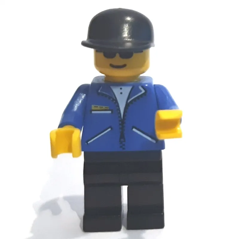 Man, Blue Jacket with Zipper, Black Legs, Black Cap, Sunglasses