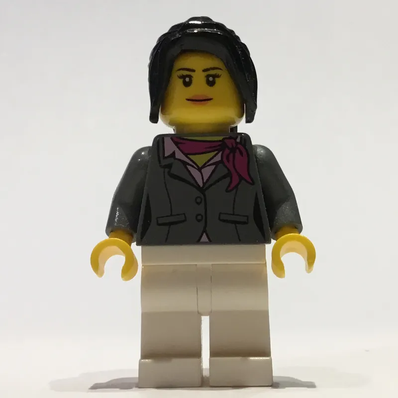 Woman, Dark Bluish Gray Jacket with Magenta Scarf, White Legs, Black Ponytail Hair