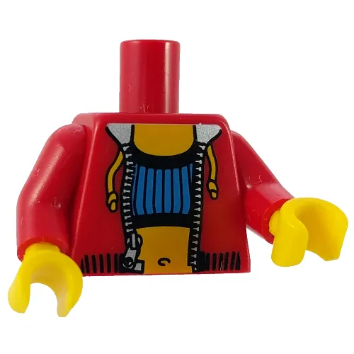 Torso Hoodie with Zipper over Blue Tube Top and Navel / LEGO Logo on Back Print, Red Arms, Yellow Hands