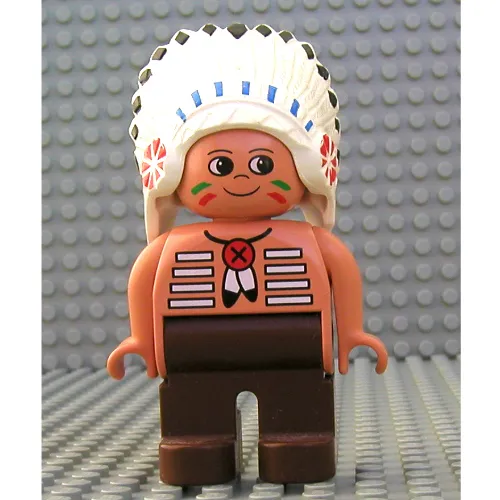 Duplo Figure, Early, Feather Headdress White, Brown Legs, Feather Necklace, Facepaint Print (Native American Chief)