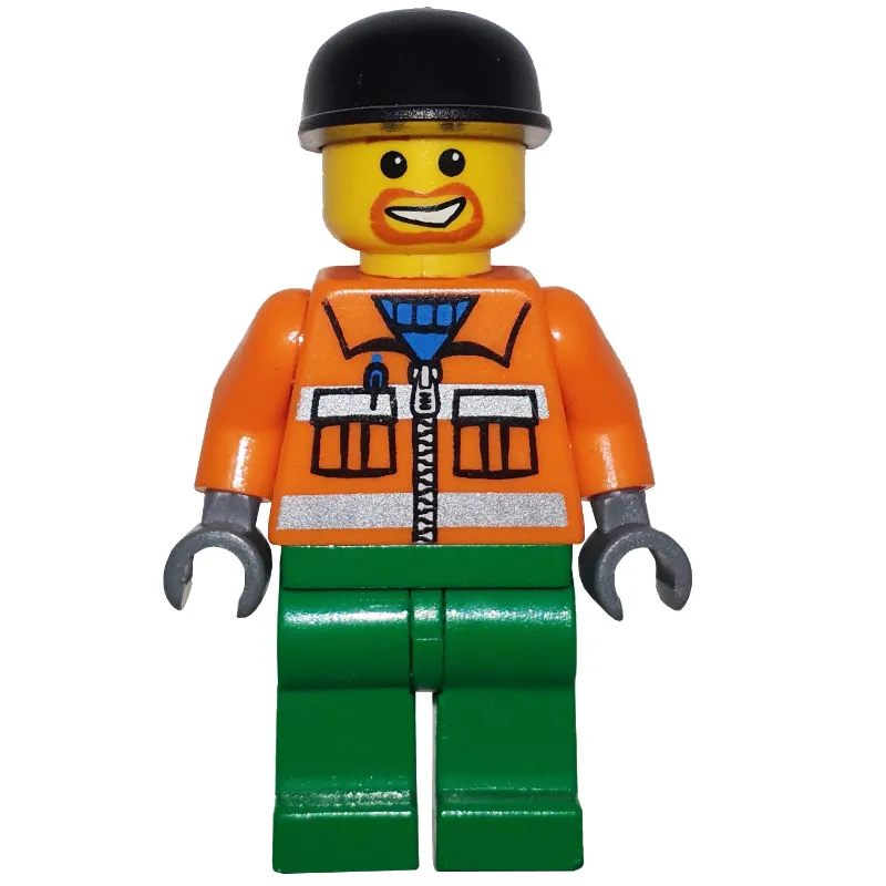 Construction Worker, Orange Jacket with Zipper and Reflective Stripes, Green Legs, Black Cap, Goatee Beard