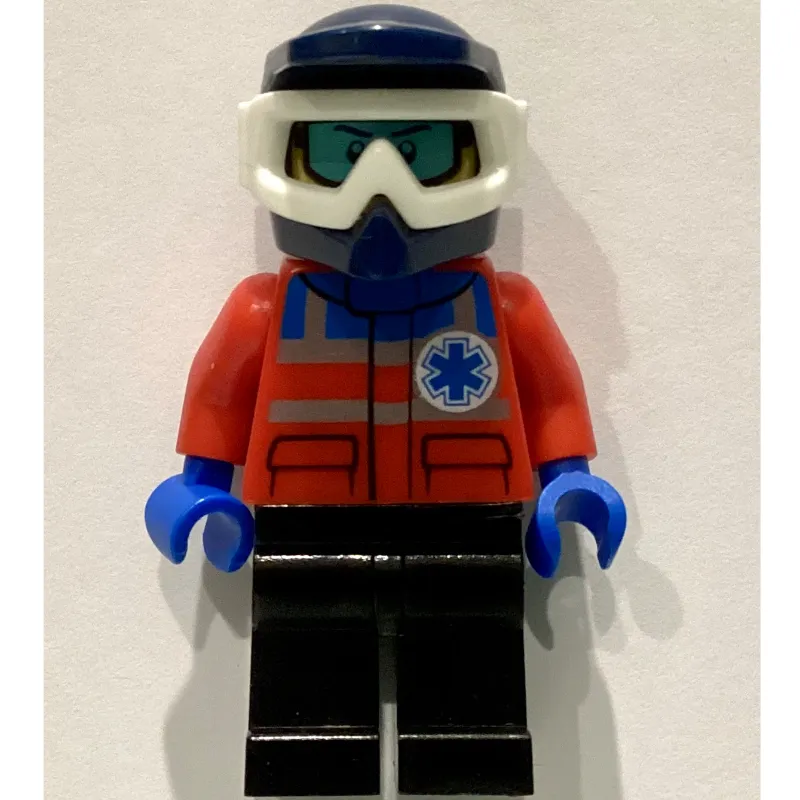 Paramedic, Red Jacket with Star of Life, Dark Blue Dirt Bike Helmet with Snow Goggles, Printed Snow Goggles