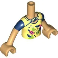 Minidoll Torso Girl with Bright Light Yellow Shirt, Dark Blue Sleeves Print, Warm Tan Arms and Hands