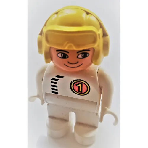 Duplo Figure, Early, Aviator Hat Yellow, White Legs, Black Zipper and '1' Print