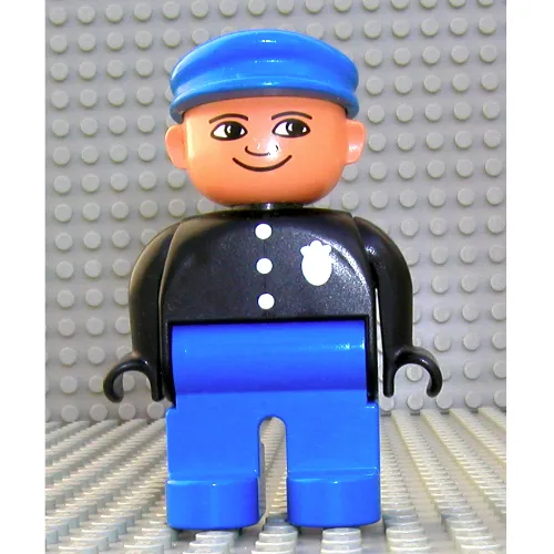 Duplo Figure, Early, with Flat Cap Blue, Blue Legs, Three Buttons and Police Badge, Nose Pointing Down Print