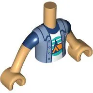 Minidoll Torso Boy with Sand Blue Jacket, Orange Tent, Dark Blue Trees, Dark Turquoise Sky, Ground Print, Warm Tan Arms and Hands
