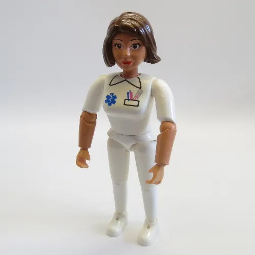 Belville Figure Articulated Elbows, Female, Brown Hair, White Pants, White Shirt with EMT Star of Life Print (Medic)