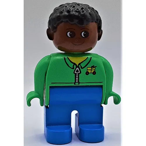 Duplo Figure, Early, Short Afro Hair Black, Blue Legs, Shirt with Zipper and Cargo Logo Print