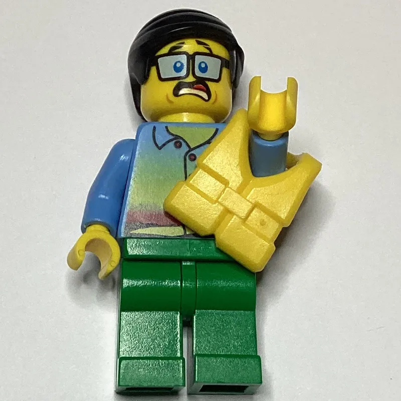 Man, Sunset Shirt with Palm Trees, Green Legs, Yellow Life Vest, Glasses