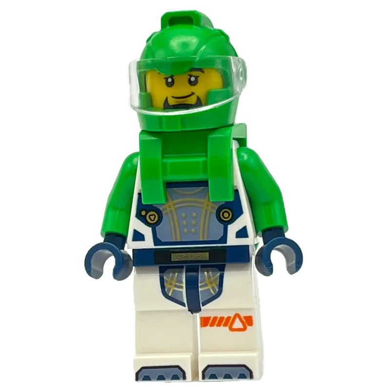 Astronaut, White Spacesuit, Bright Green Backpack and Helmet, Goatee