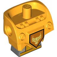 Minifig Torso Modified, Armor with Pin Holes with Dark Bluish Gray Midriff with Circuitry and Yellow Bull Head on Orange Shield Print