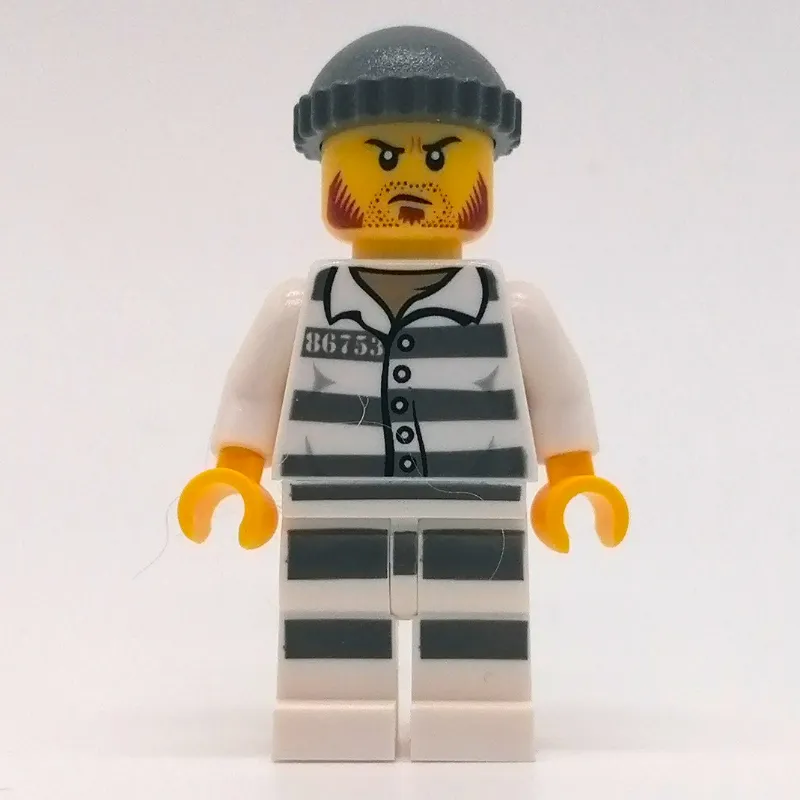 Criminal, Prison Shirt with #86753, Black Legs, Dark Bluish Gray Hat, Stubble and Mutton Chops