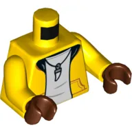 Torso, Hoodie, Black Collar, Pocket, Open over White Undershirt, Tooth Necklace Print, Yellow Arms, Reddish Brown Hands