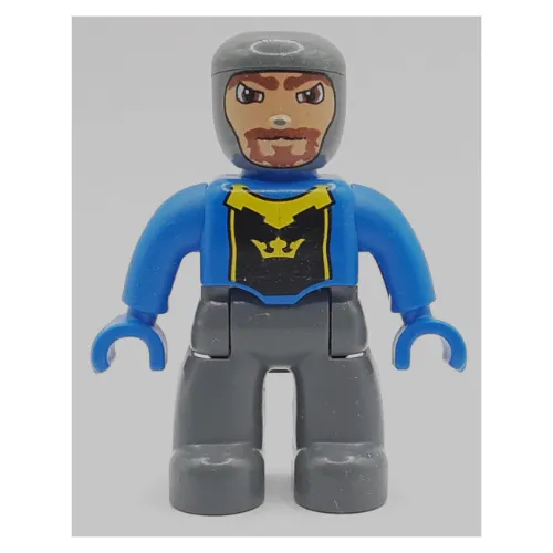 Duplo Figure with Rounded Head with Dark Bluish Gray Legs, Yellow Crown on Black Background, Blue Arms and Hands