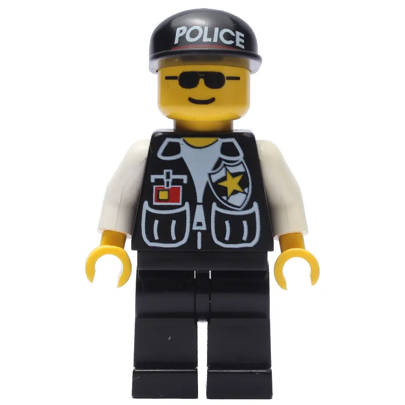 Policeman, Black Vest with Badge and Pockets, Black Cap with 'POLICE', Sunglasses