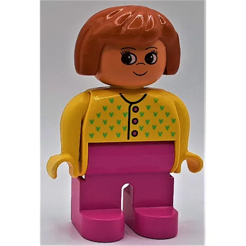 Duplo Figure, Early, Hair Bob Dark Orange, Dark Pink Legs, Buttons and Medium Green Flowers Print