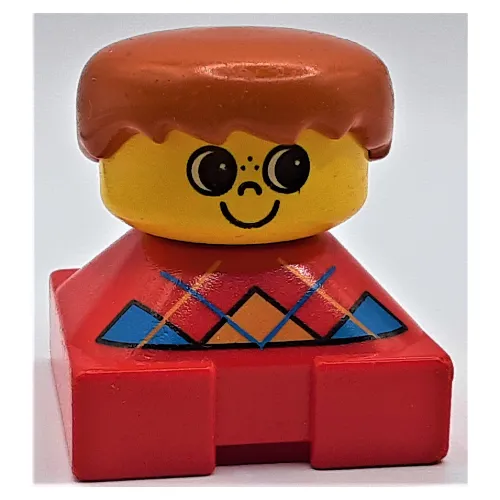 Duplo 2 x 2 x 2 Figure Brick, Spiky Bangs, Dark Orange Hair, Blue Argyle Sweater Print