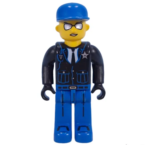 Juniors Minifig, Police - Blue Legs, Black Jacket, Blue Cap, Sunglasses