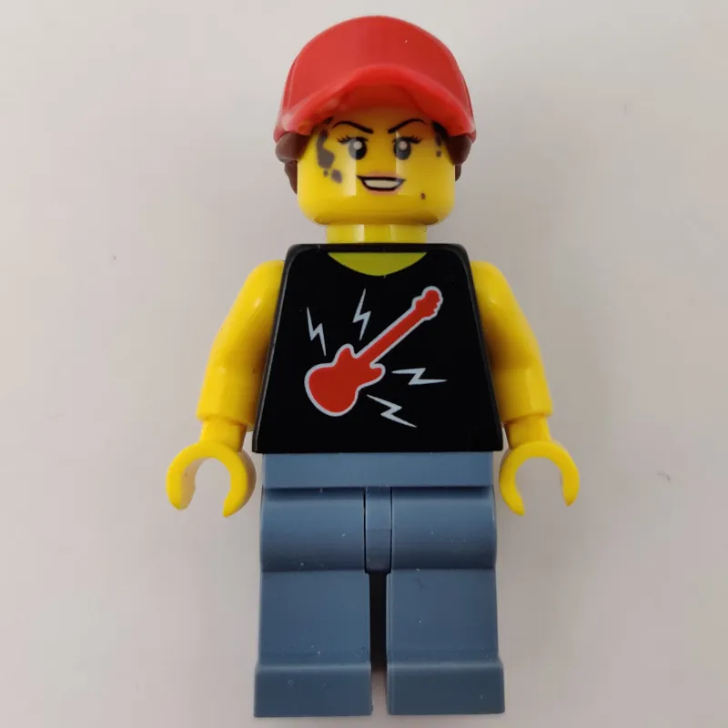 Woman, Black Top with Guitar, Sand Blue Legs, Red Cap with Hair