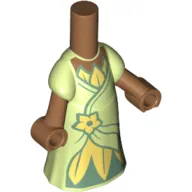 Microdoll Body Long Dress Yellowish Green with Dark Green Under Dress, Bright Light Yellow Flower, Medium Nougat Hands